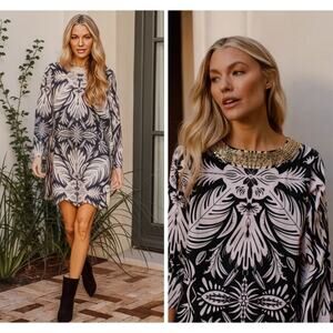 Sheridan French Size M Blair Dress Jeweled Neck Long Sleeve Bird Print